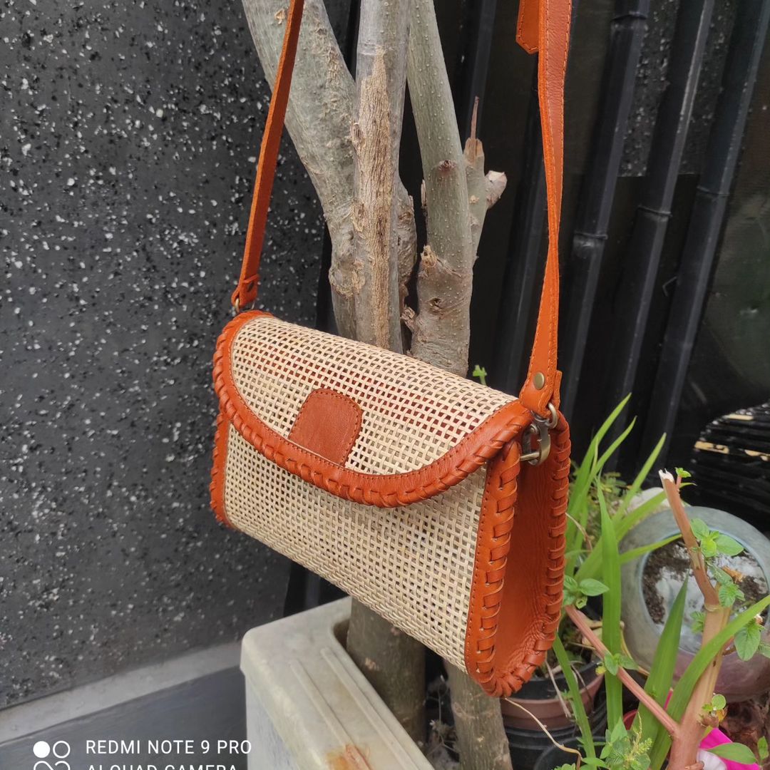 Handwoven rattan, Cane and Leather Crossbody Clutch Purse