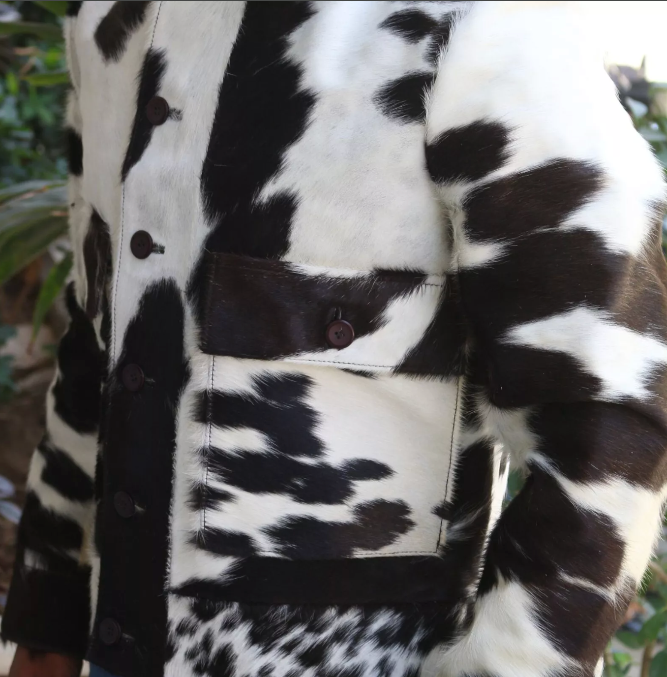 Cowhide jackets for men made from genuine pony skin with unique patterns. Button-front closure and full-length sleeves ideal for cooler weather.