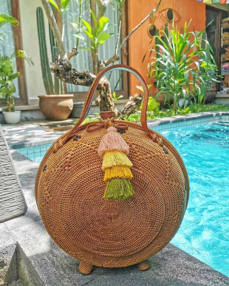 Round Rattan Bag with Handle Wicker Bags Premium Weaving