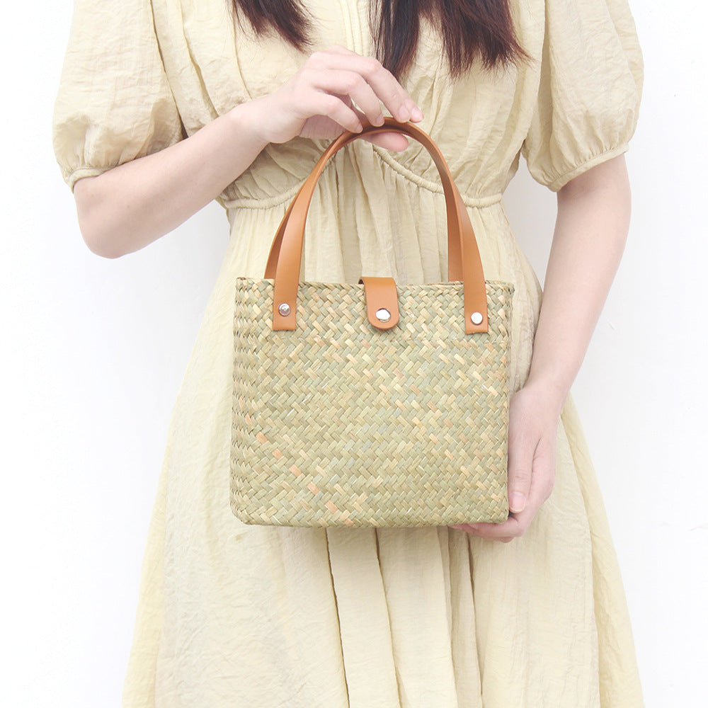 Nordic mini woven straw tote with leather handles
