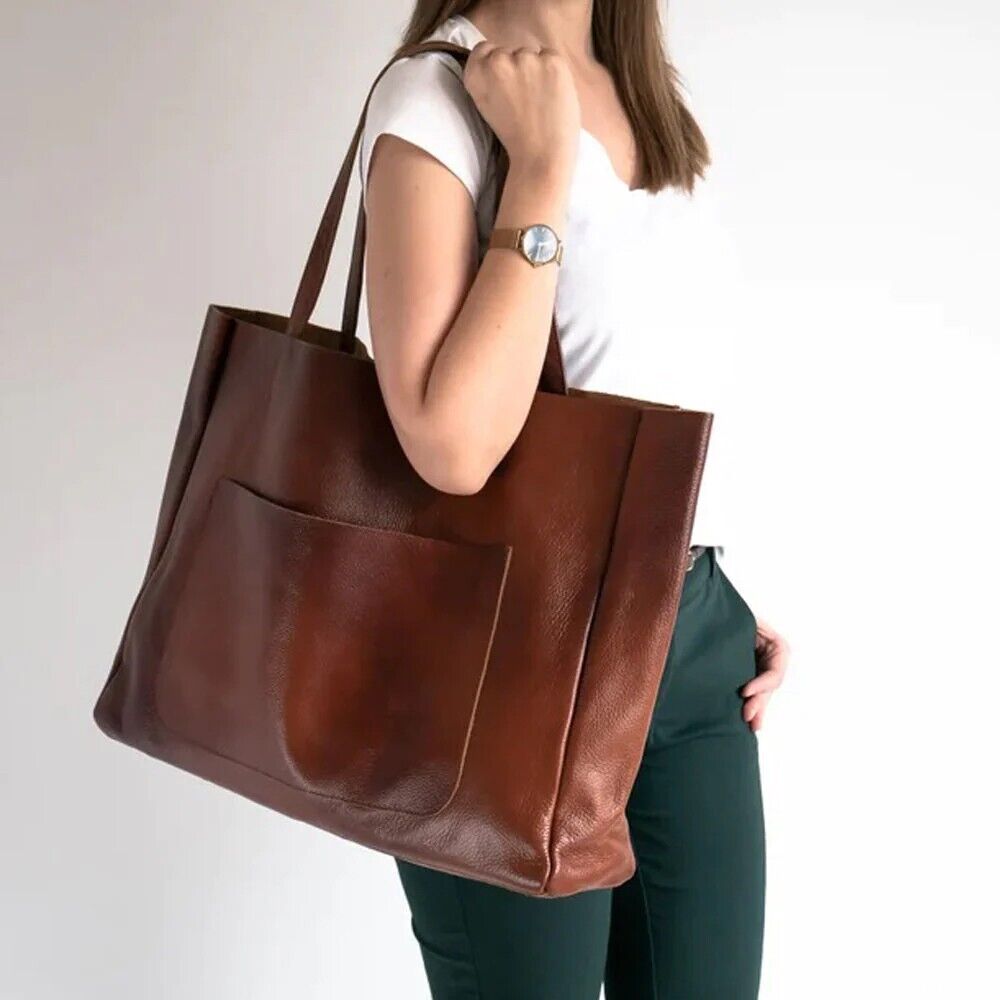 Large Brown Genuine Leather Tote Bag