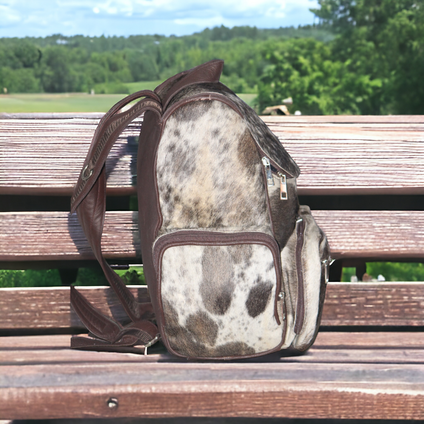 Large Cowhide Backpack Rustic Grey White