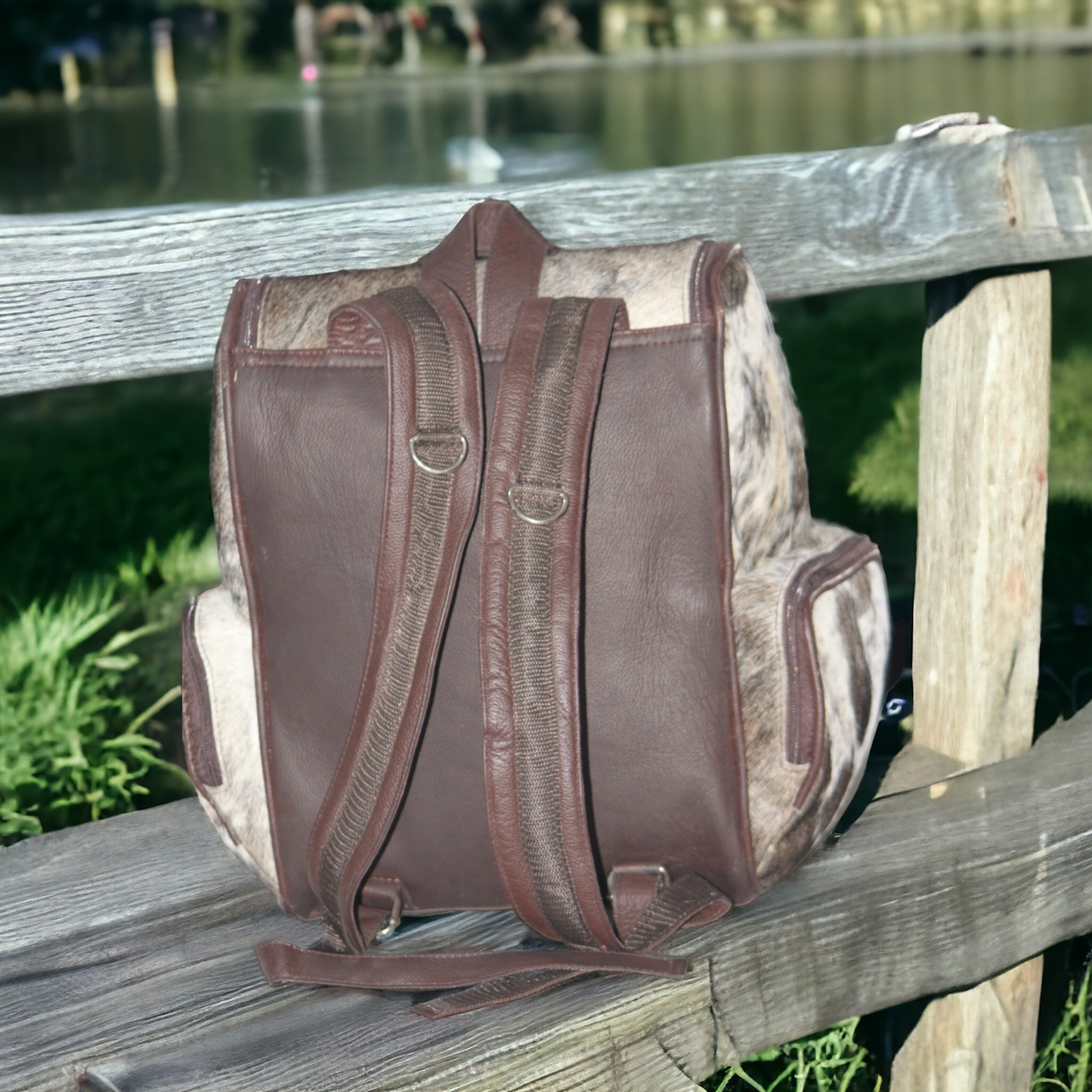 Large Cowhide Backpack Rustic Grey White