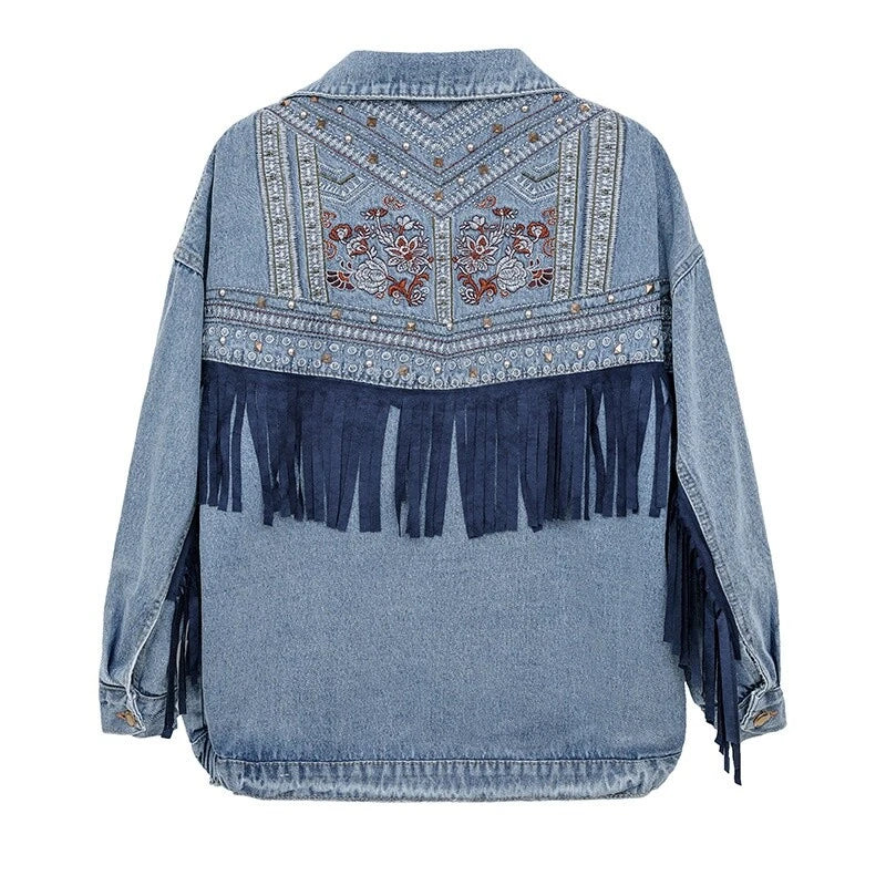 Women Cowgirl Denim Jacket with Fringe Rivets