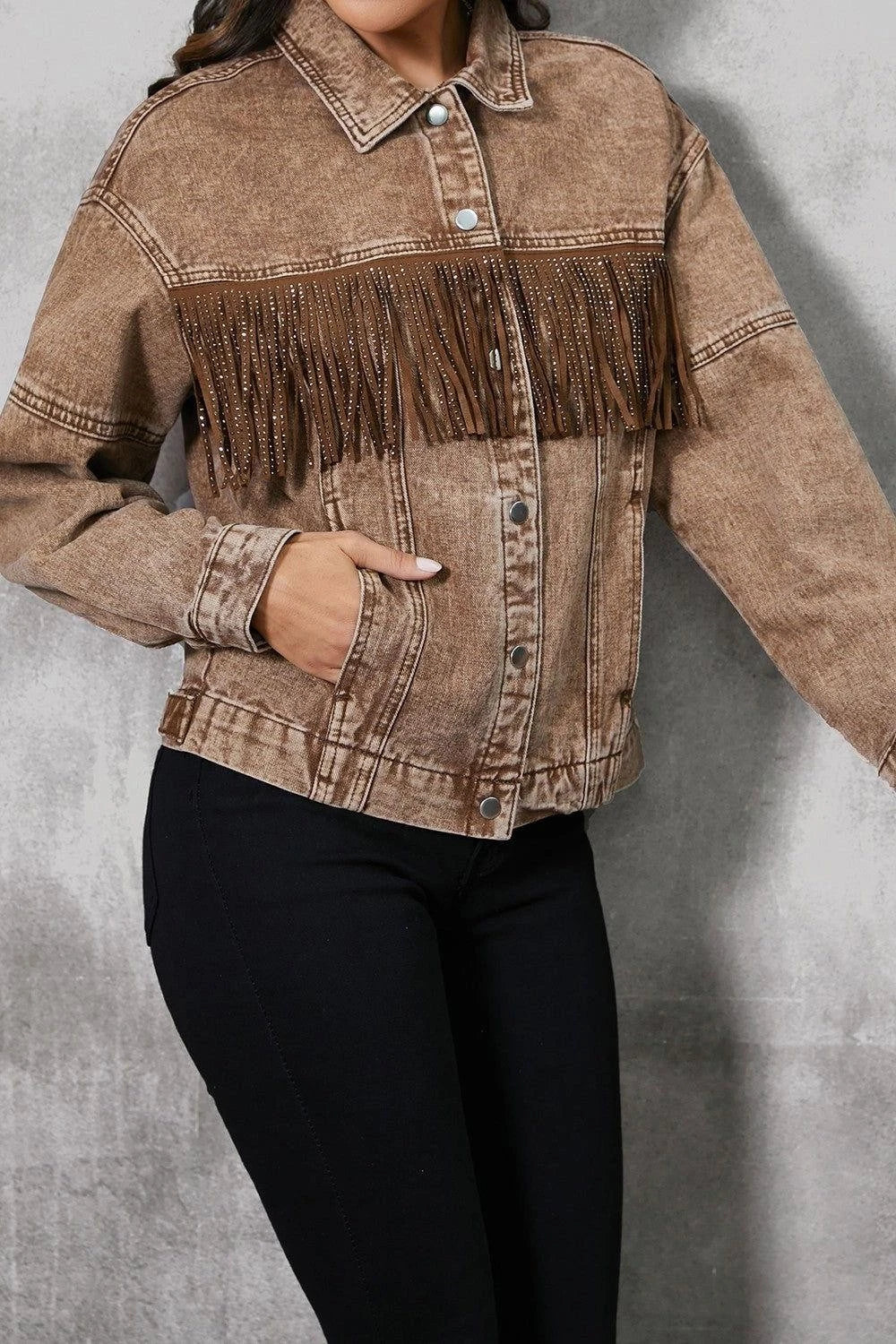 Western-Inspired Brown Denim Jacket with Tassel