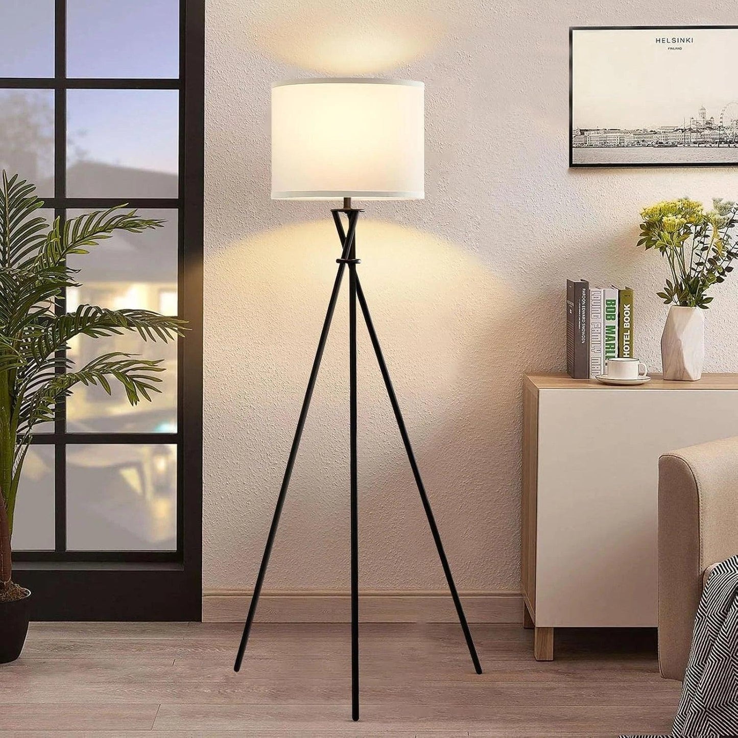 Tripod Floor Lamp for Living Room With White Linen Shade