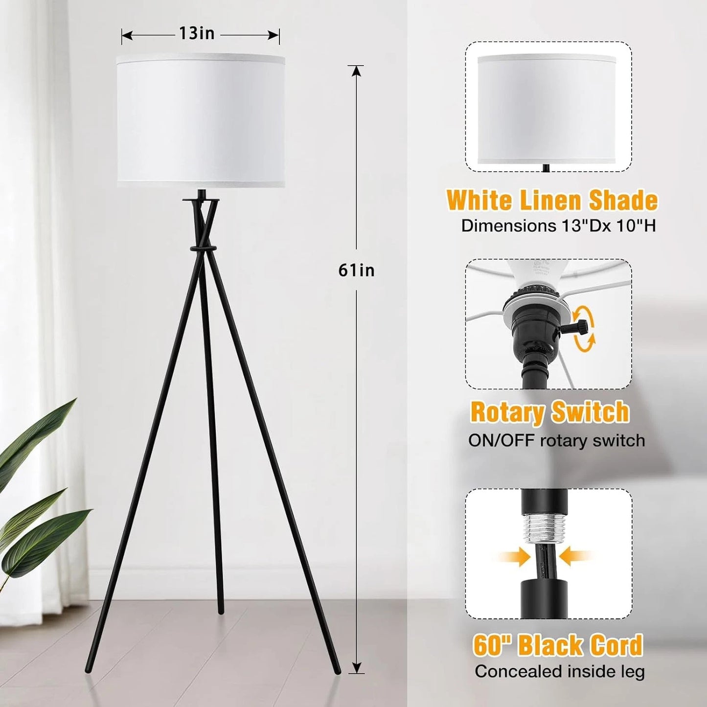 Tripod Floor Lamp for Living Room With White Linen Shade