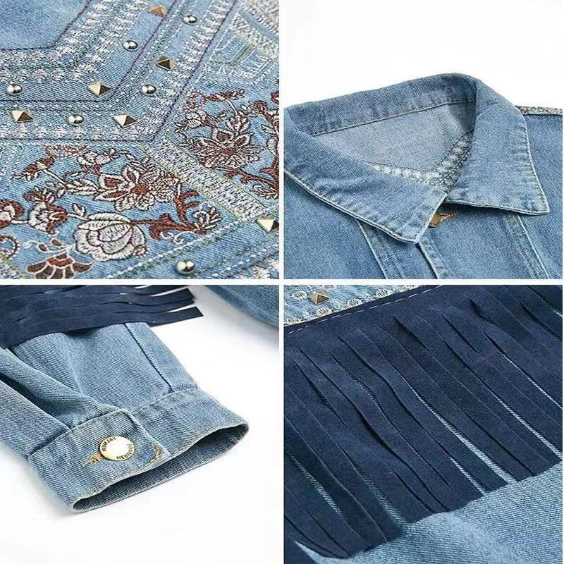 Women Cowgirl Denim Jacket with Fringe Rivets