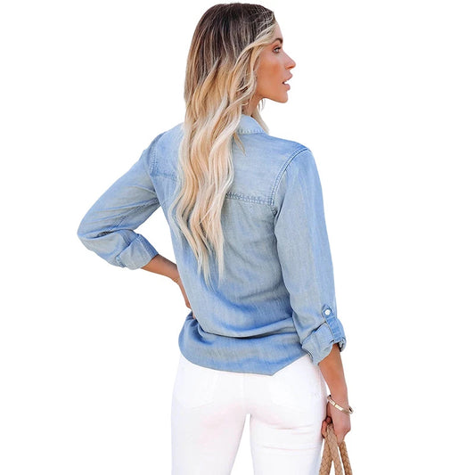 Light Blue Button-Up Women Denim Shirt