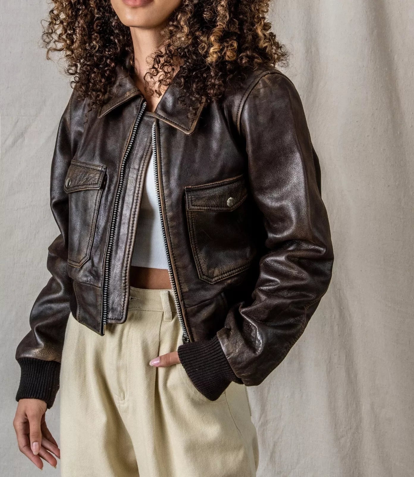 Oversized Cropped Leather Jacket Women