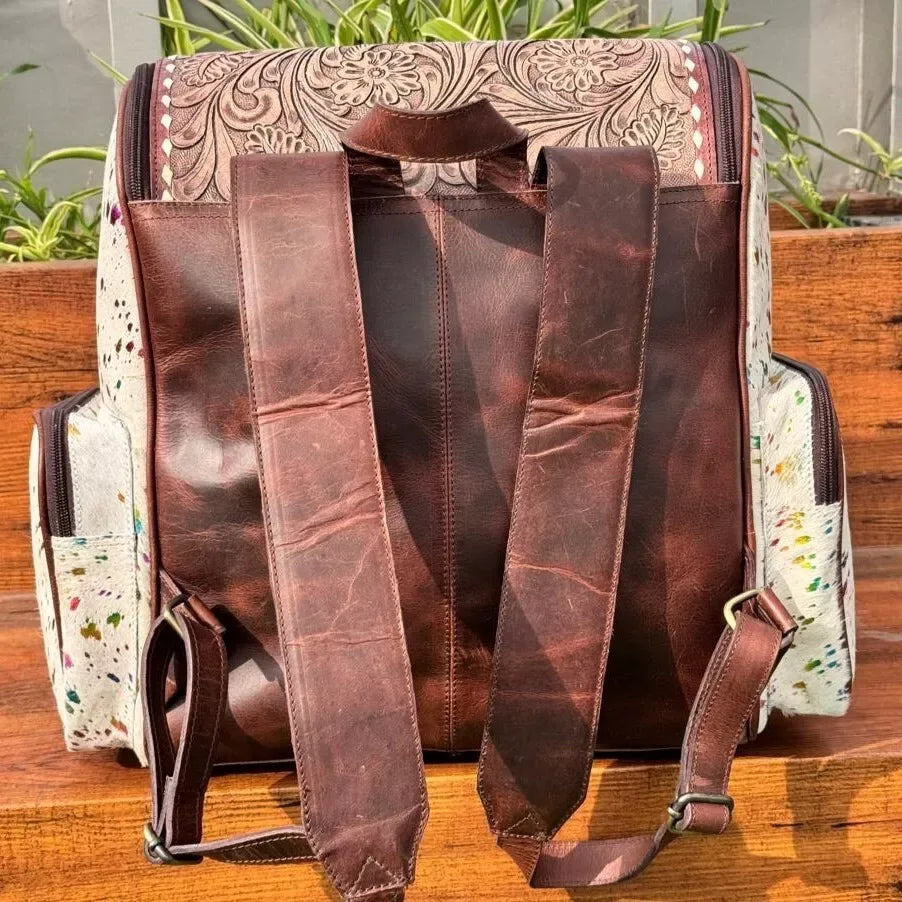 Western Metallic Hide Tooled Leather Diaper Backpack
