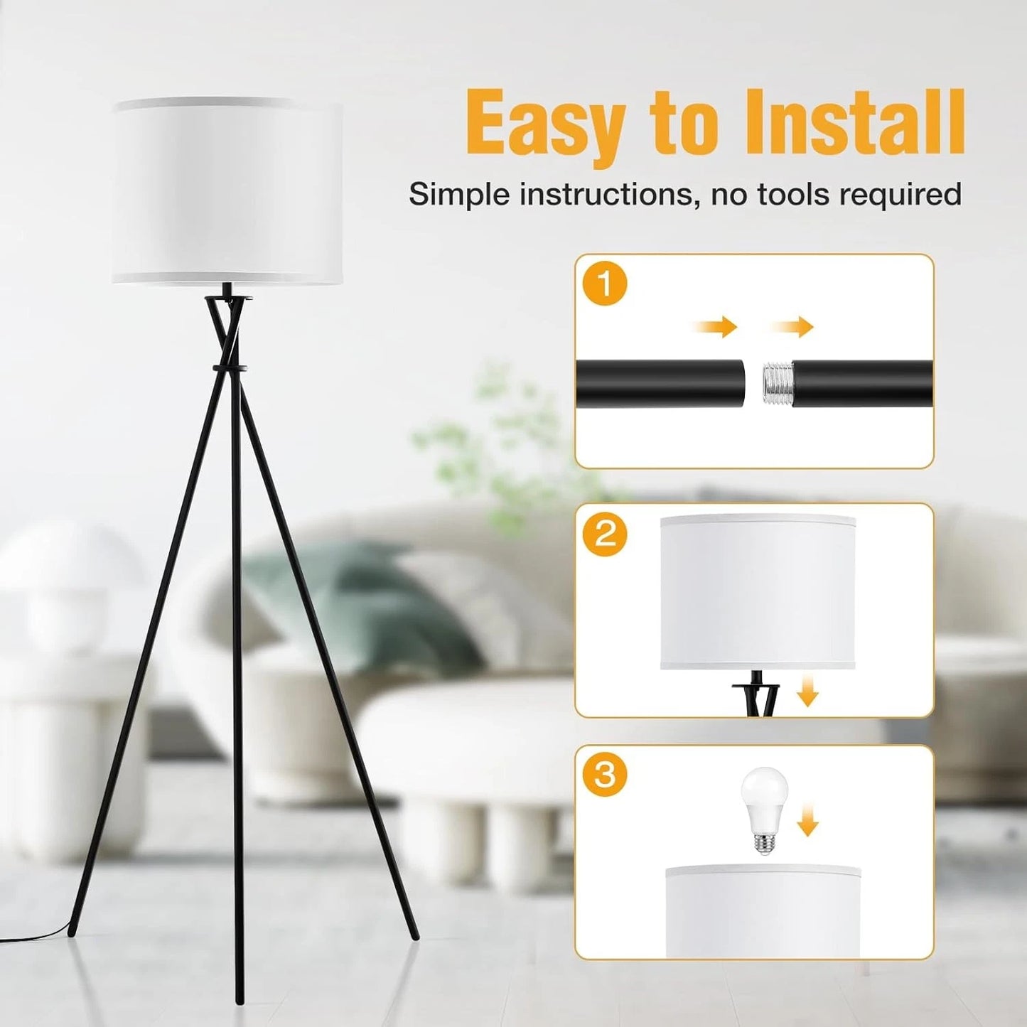 Tripod Floor Lamp for Living Room With White Linen Shade