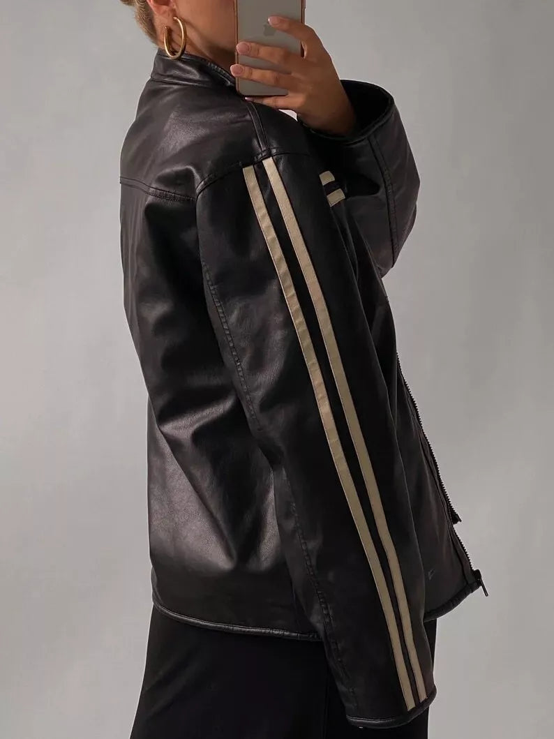 Women Oversized Leather Jacket Cafe Racer