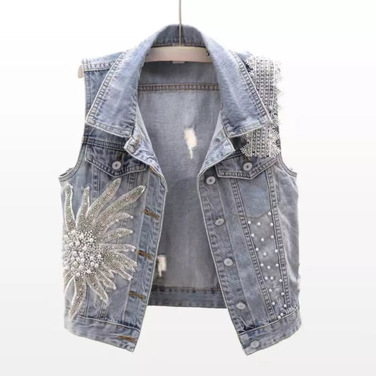 Embroidered Beaded Denim Vest for Women with Lace Detail