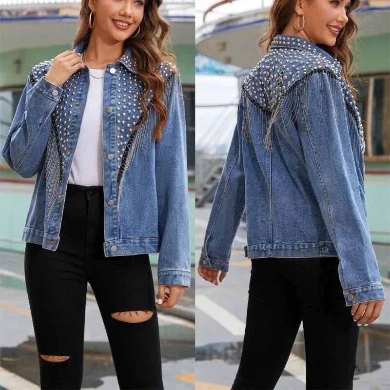 Women's Rivet Studded Denim Jacket with Tassel Fringe