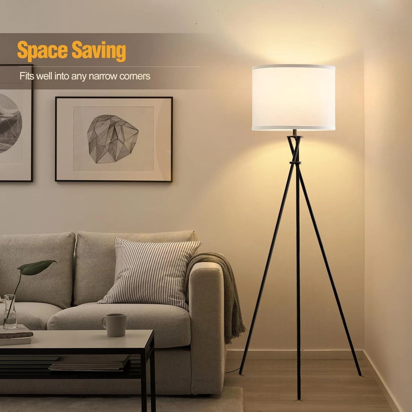 Tripod Floor Lamp for Living Room With White Linen Shade
