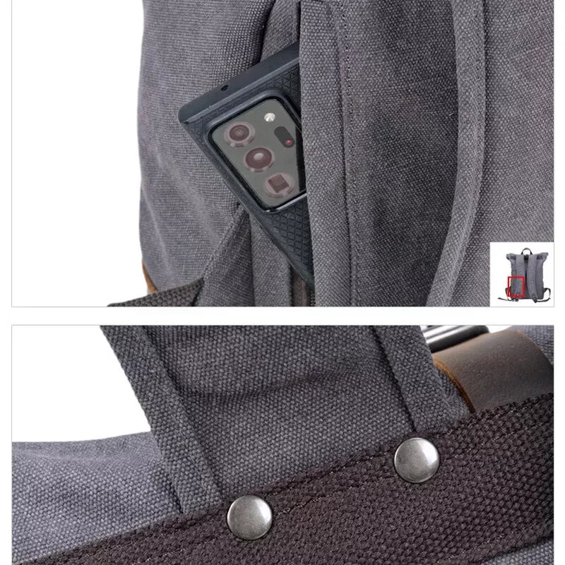 Vintage Canvas and Leather Roll Top Backpack