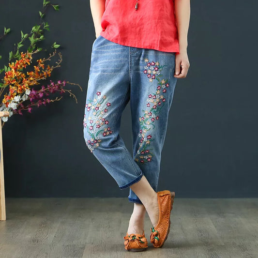 Floral Embroidered Denim Jogger Pants for Women