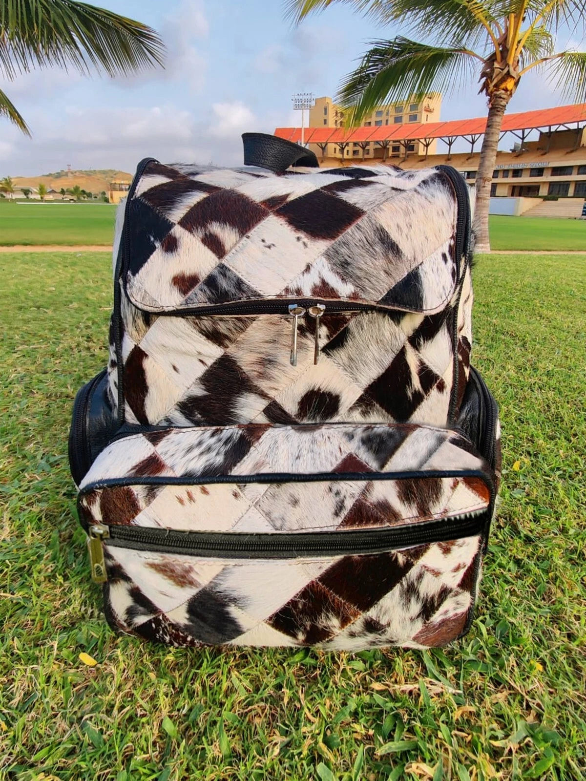 Cowhide Rucksack with Tri-Color Patchwork Fur