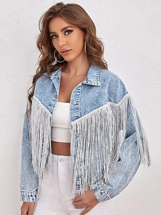 Light Wash Cropped Jean Jacket with Tassel Detail