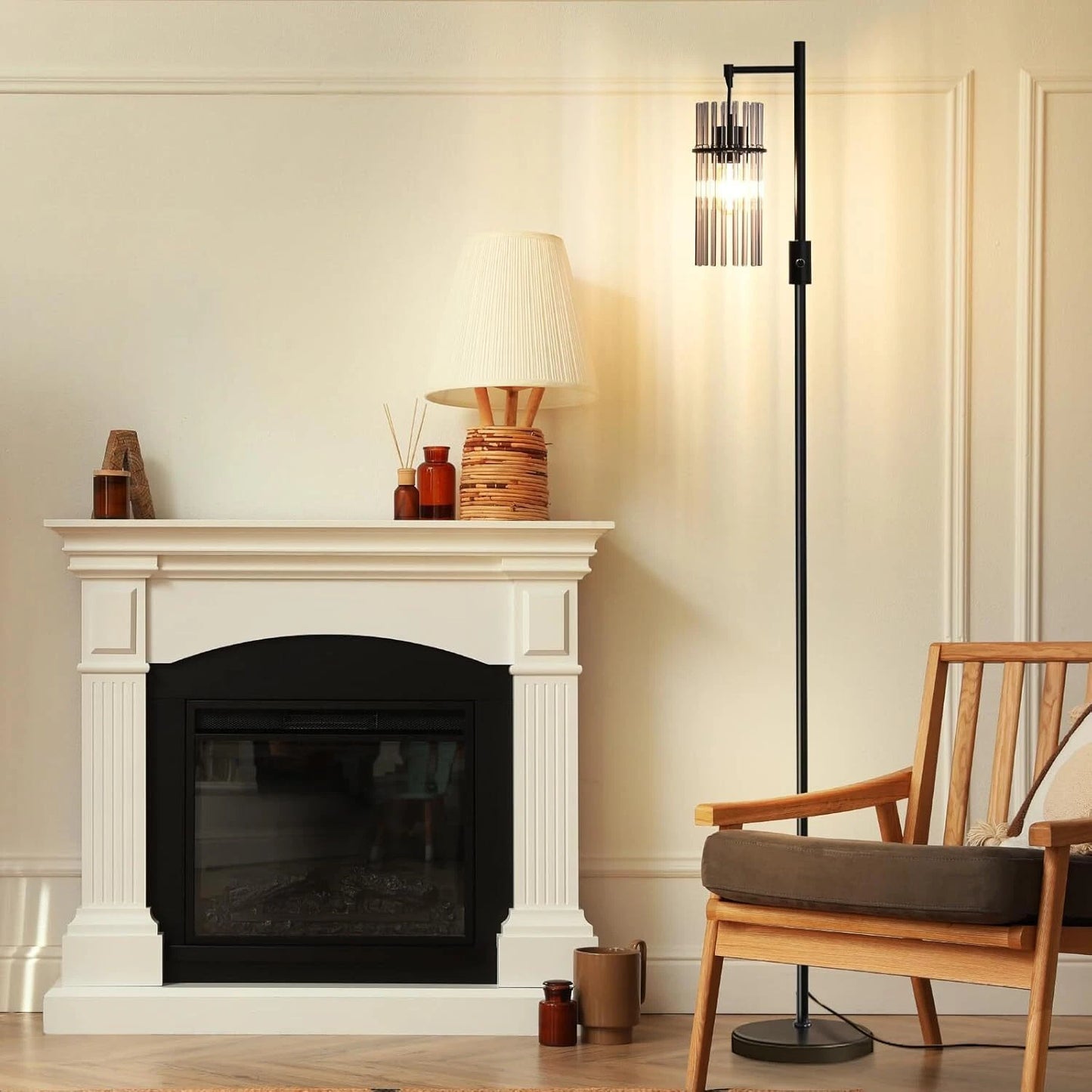 Industrial Style Black Floor Lamp with Dimmable Glass Shade for Living Room