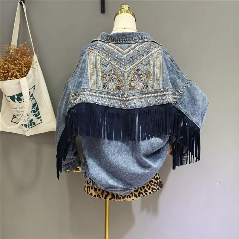 Women Cowgirl Denim Jacket with Fringe Rivets