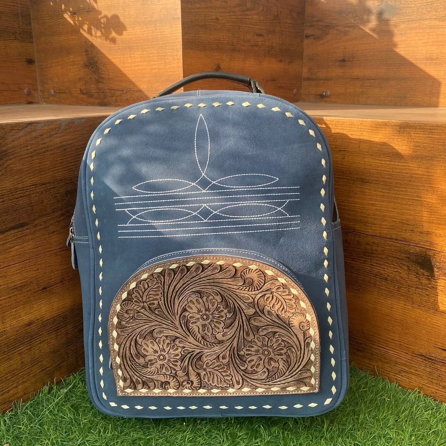 Western Tooled Leather Suede Travel Backpack