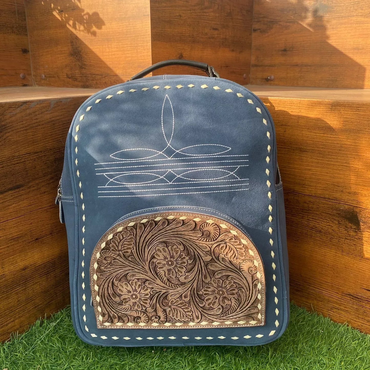 Western Tooled Leather Suede Travel Backpack