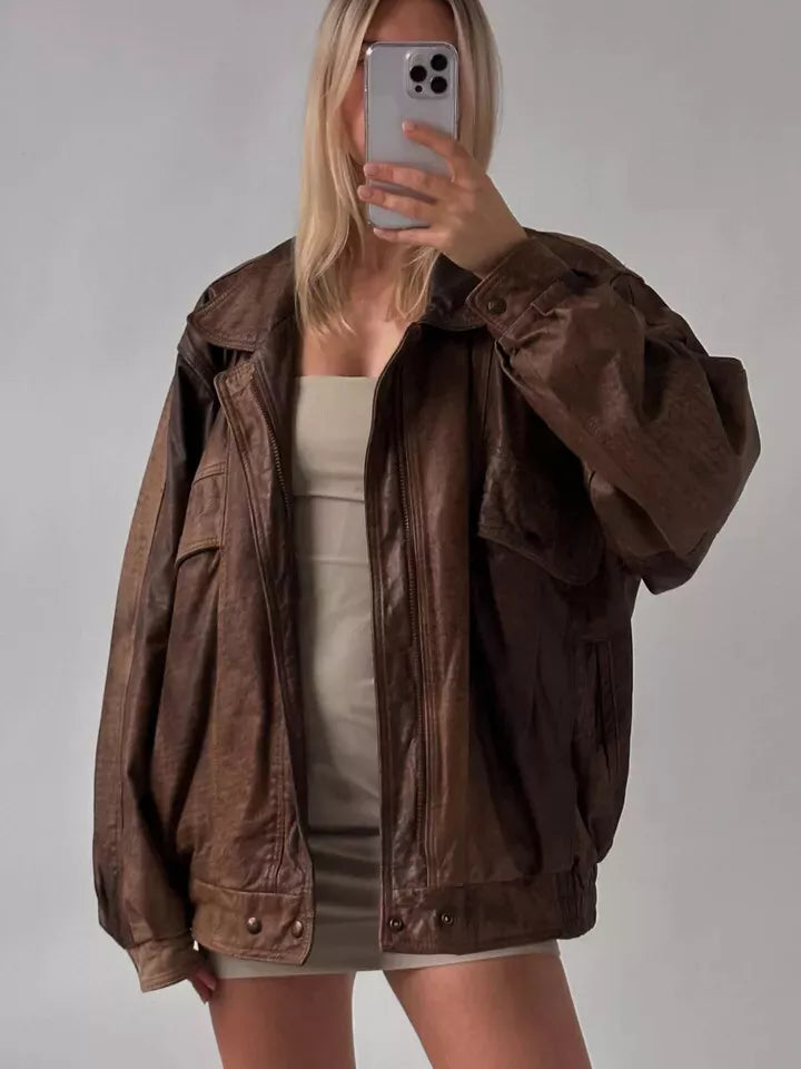 Real Leather Brown Oversized Jacket