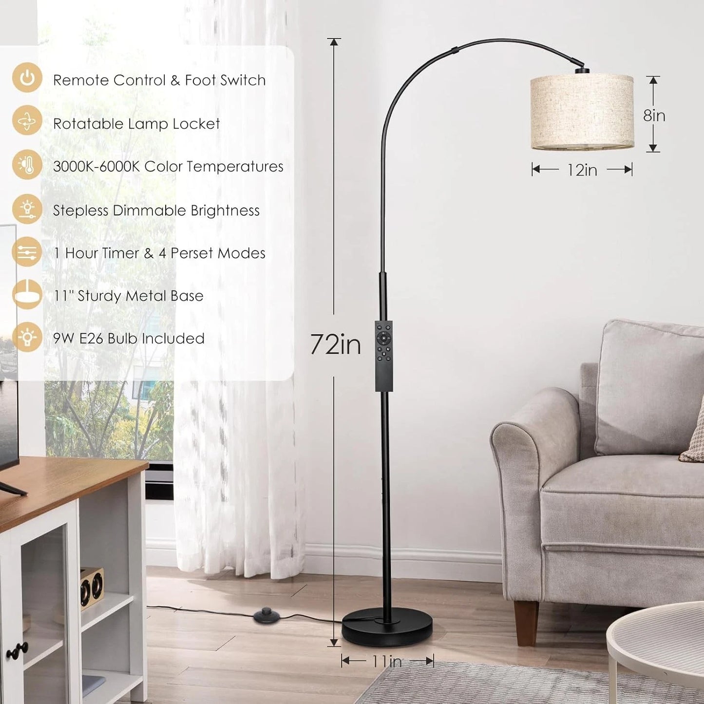 Modern Black Arc Floor Lamp Linen Shade For Living Room