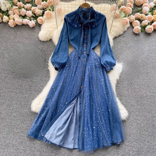 Mesh Midi Denim Dress with Ruffle Collar Skirt