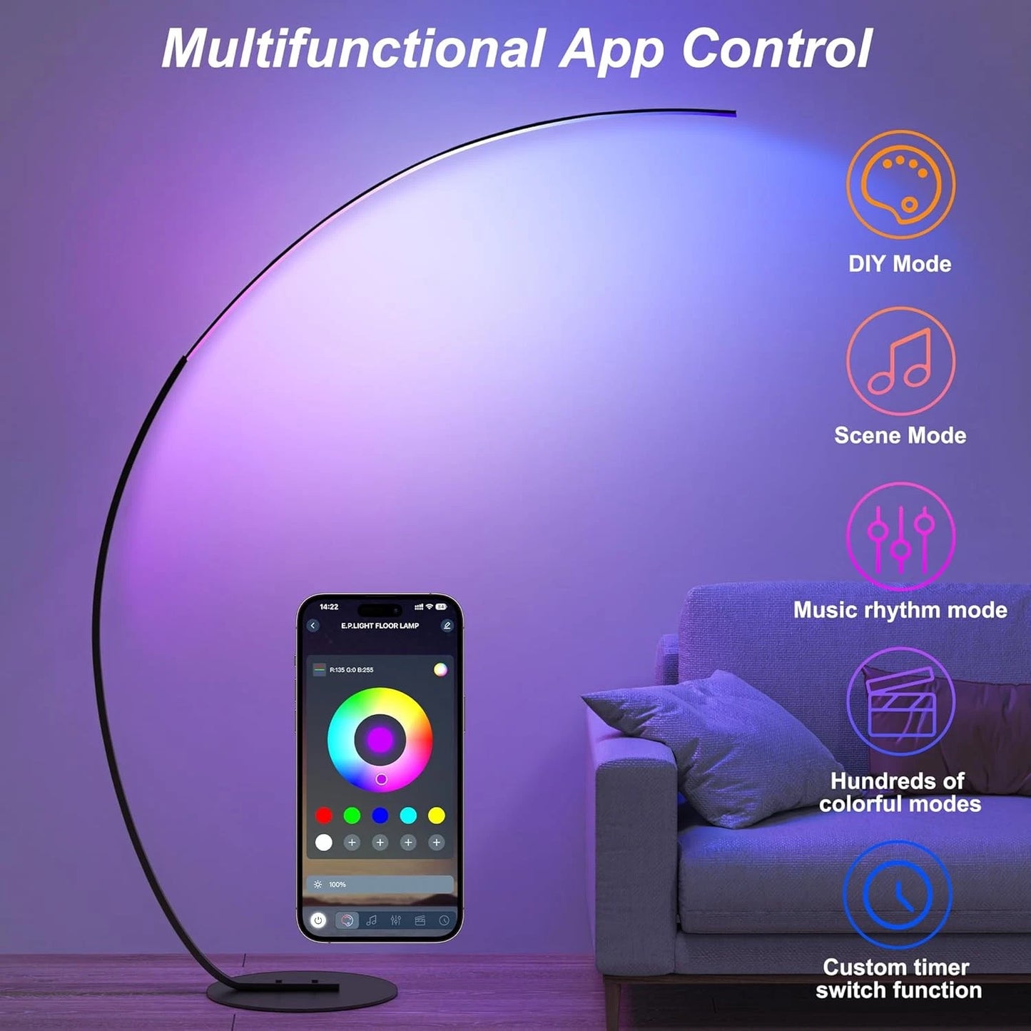 Black Arc Floor Lamp Modern Curved LED Light