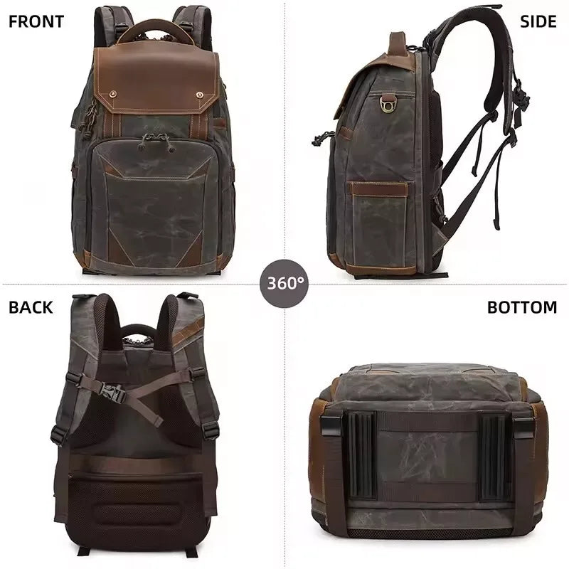 Waxed Canvas Camera Backpack with Laptop Compartment