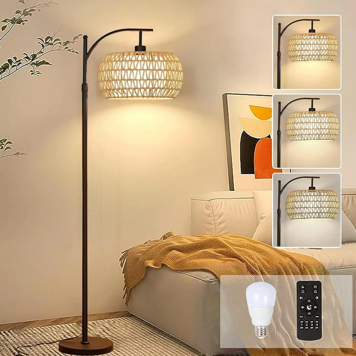 Rattan Arc Floor Standing Lamp for Living Room