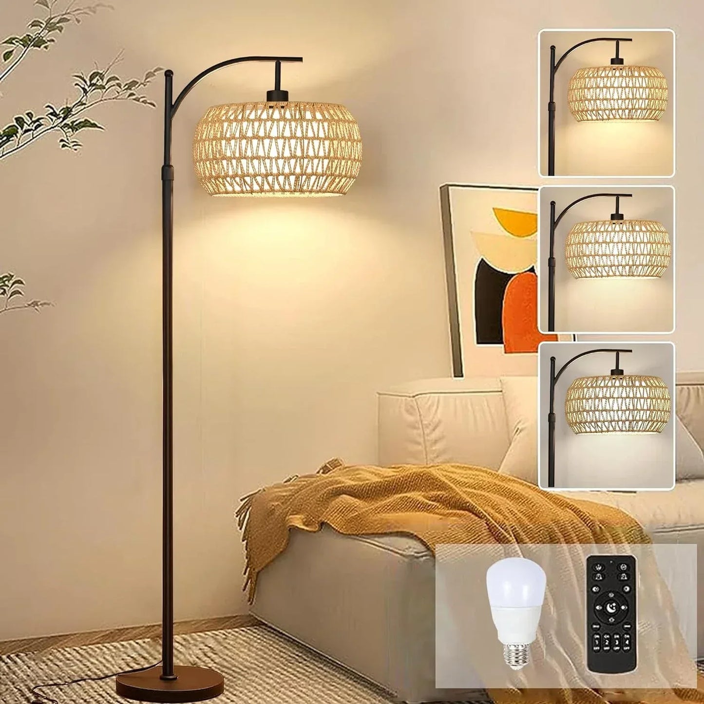 Rattan Arc Floor Standing Lamp for Living Room