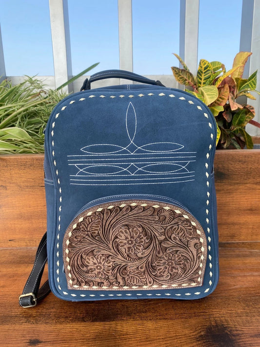 Western Tooled Leather Suede Travel Backpack