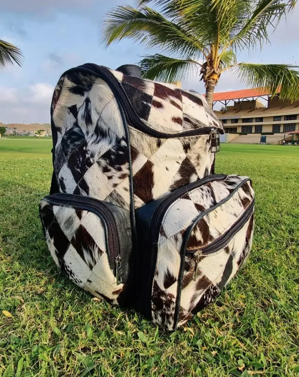 Cowhide Rucksack with Tri-Color Patchwork Fur
