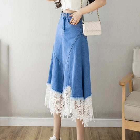 High Waist Lace Hem Denim Midi Skirt for Women