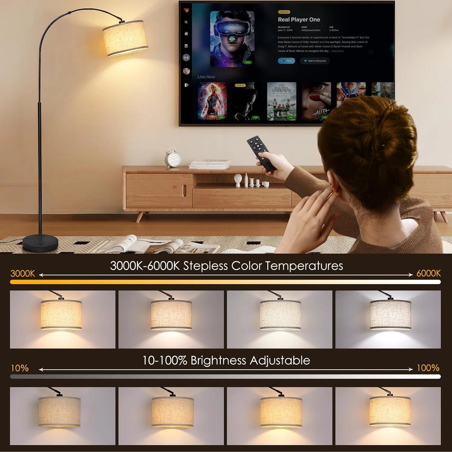 Modern Black Arc Floor Lamp Linen Shade For Living Room