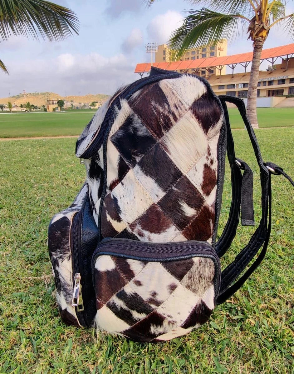 Cowhide Rucksack with Tri-Color Patchwork Fur