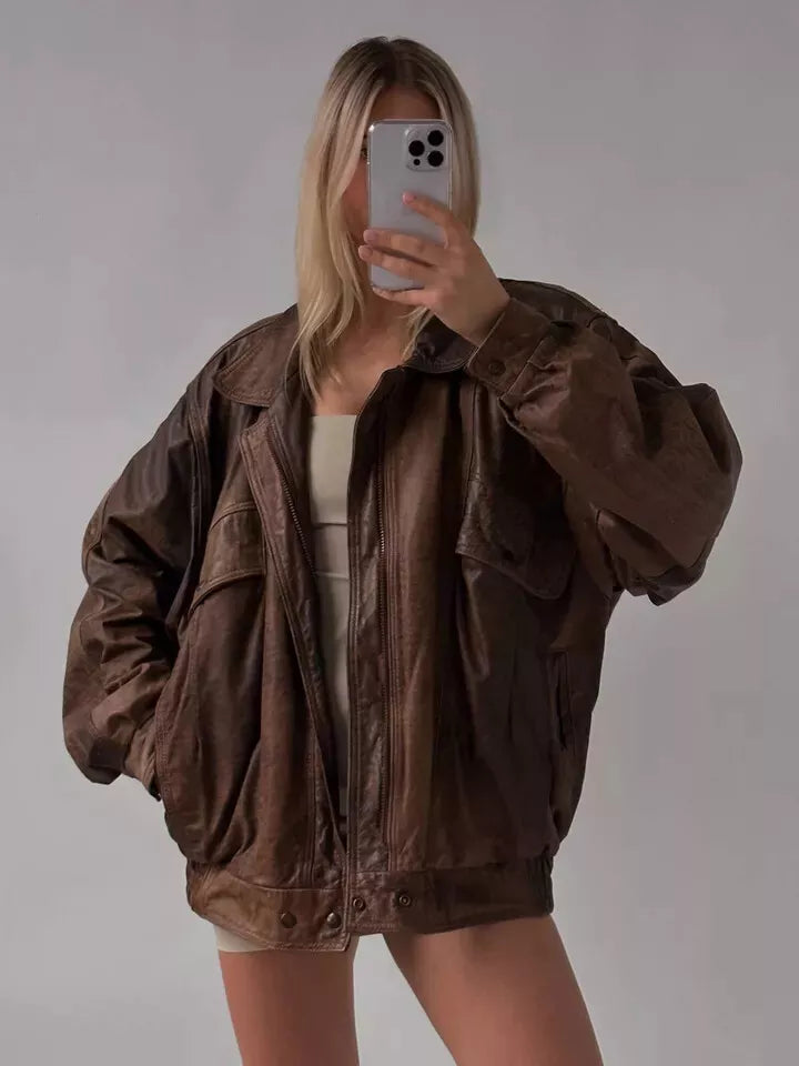 Real Leather Brown Oversized Jacket