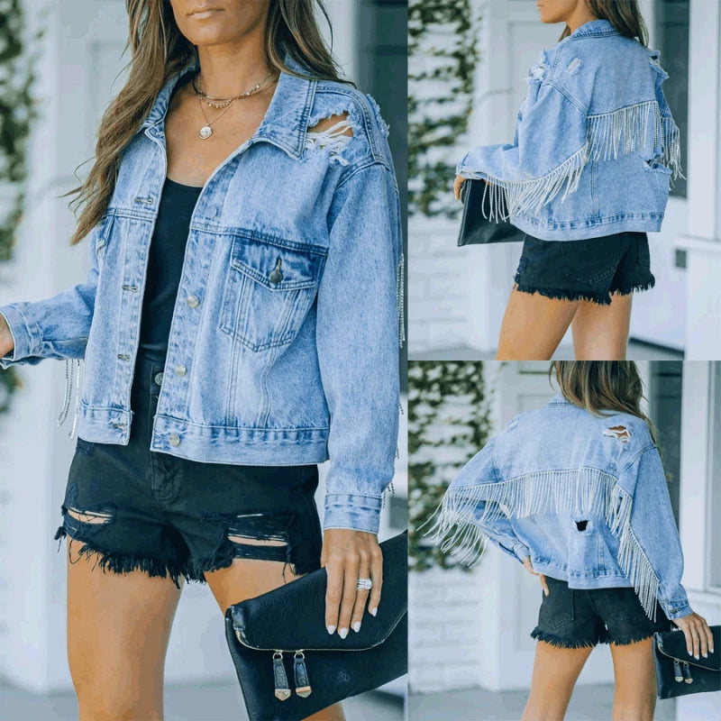 Light Blue Washed Denim Jacket with Tassel