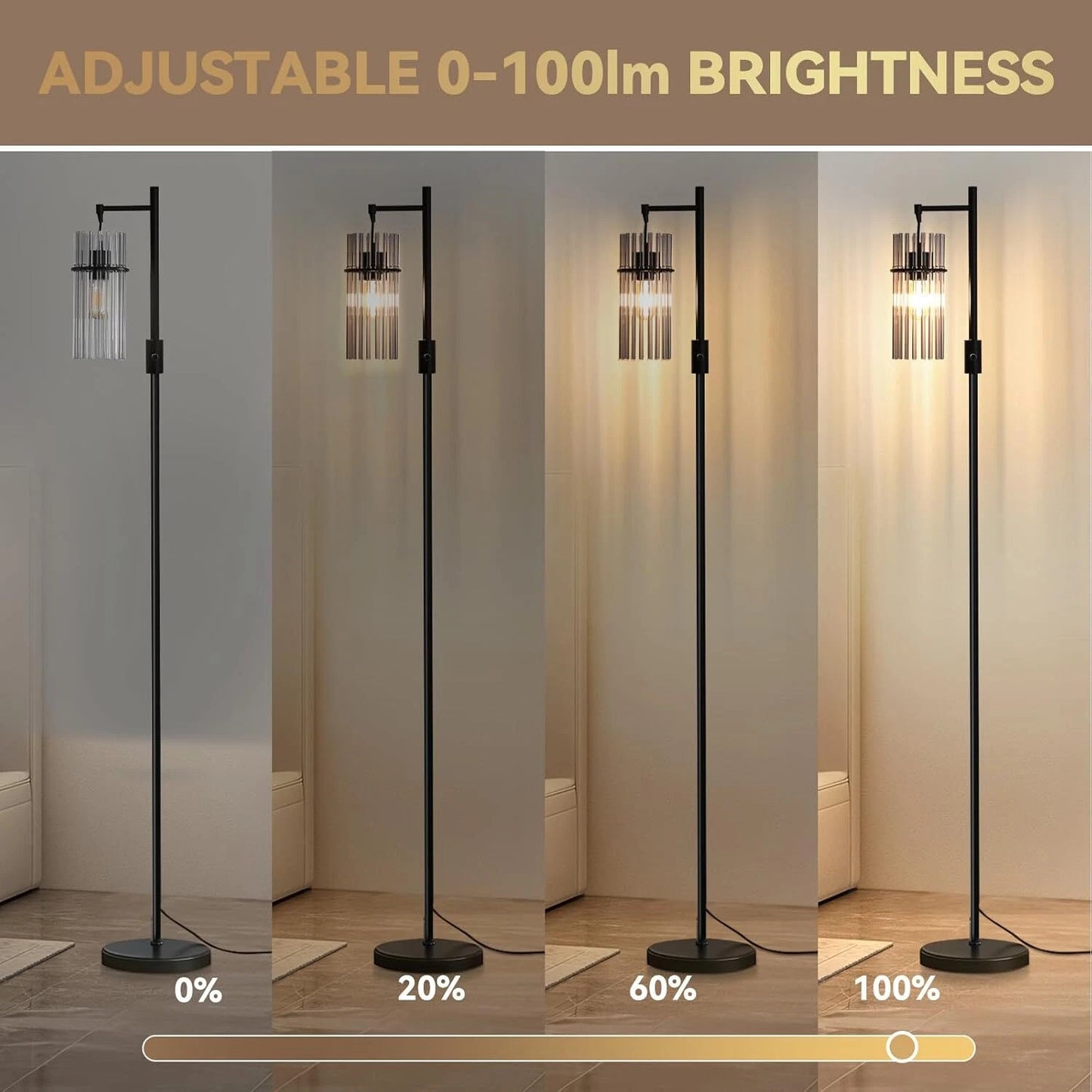 Industrial Style Black Floor Lamp with Dimmable Glass Shade for Living Room