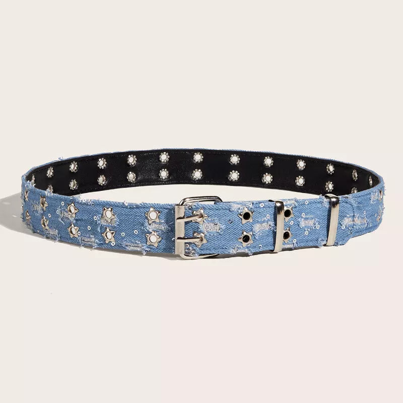 Distressed Double Grommet Denim Belt