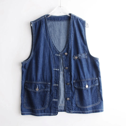 Women Denim Cargo Vest With Back Pocket