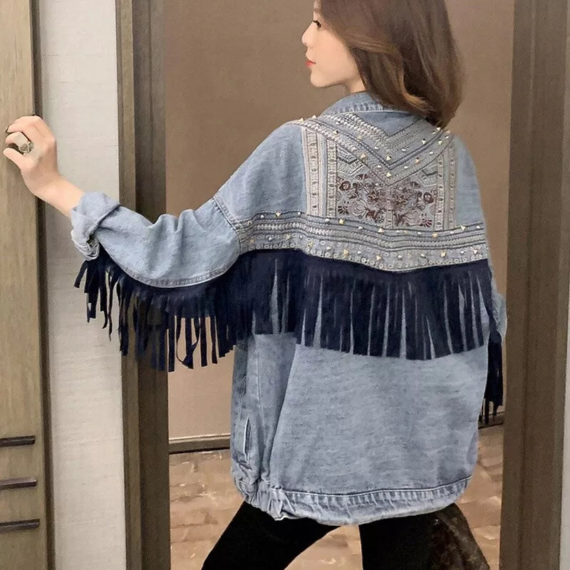 Women Cowgirl Denim Jacket with Fringe Rivets