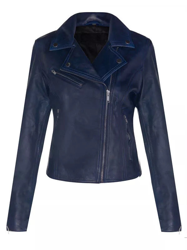 navy blue biker leather coat women