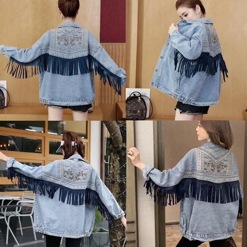 Women Cowgirl Denim Jacket with Fringe Rivets