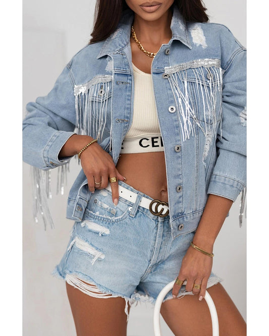 Sky Blue Fringe Denim Jacket