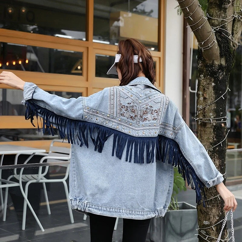 Women Cowgirl Denim Jacket with Fringe Rivets